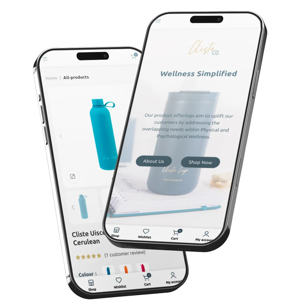 Cliste Co. product display on two phones. "Wellness Simplified" is shown. Marketing project example.