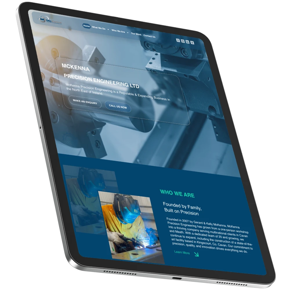 McKenna Precision Engineering website on a tablet. "Our Projects" marketing project example.