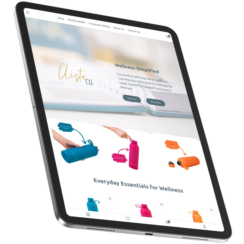Cliste Co. website on a tablet displaying wellness products. Marketing Project.