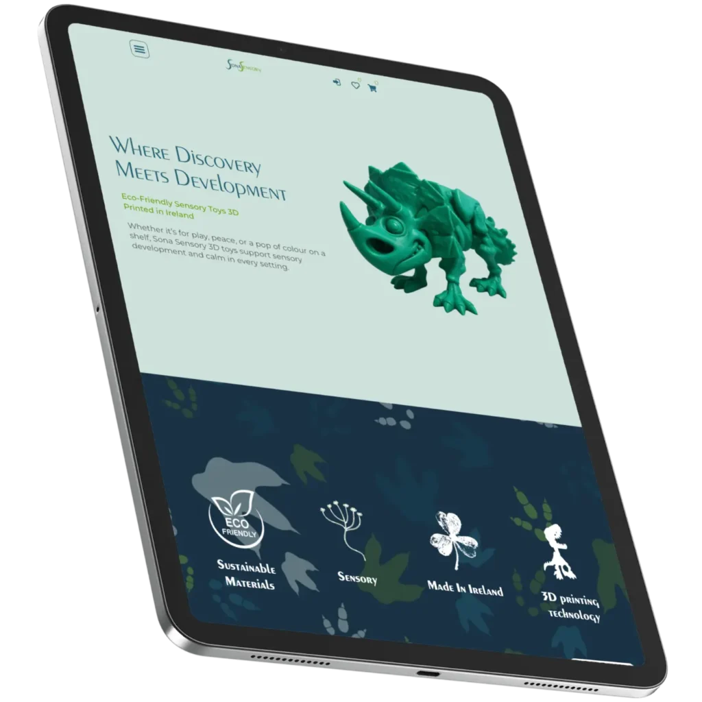 Tablet displaying Sona Sensory's eco-friendly 3D printed toys, highlighting sustainable materials and Irish manufacturing.