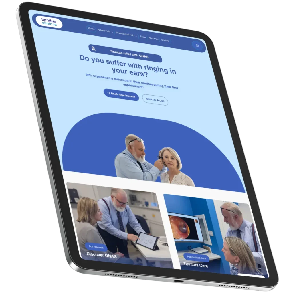 Tinnitus Clinic website on tablet, showing tinnitus relief with QNAS.