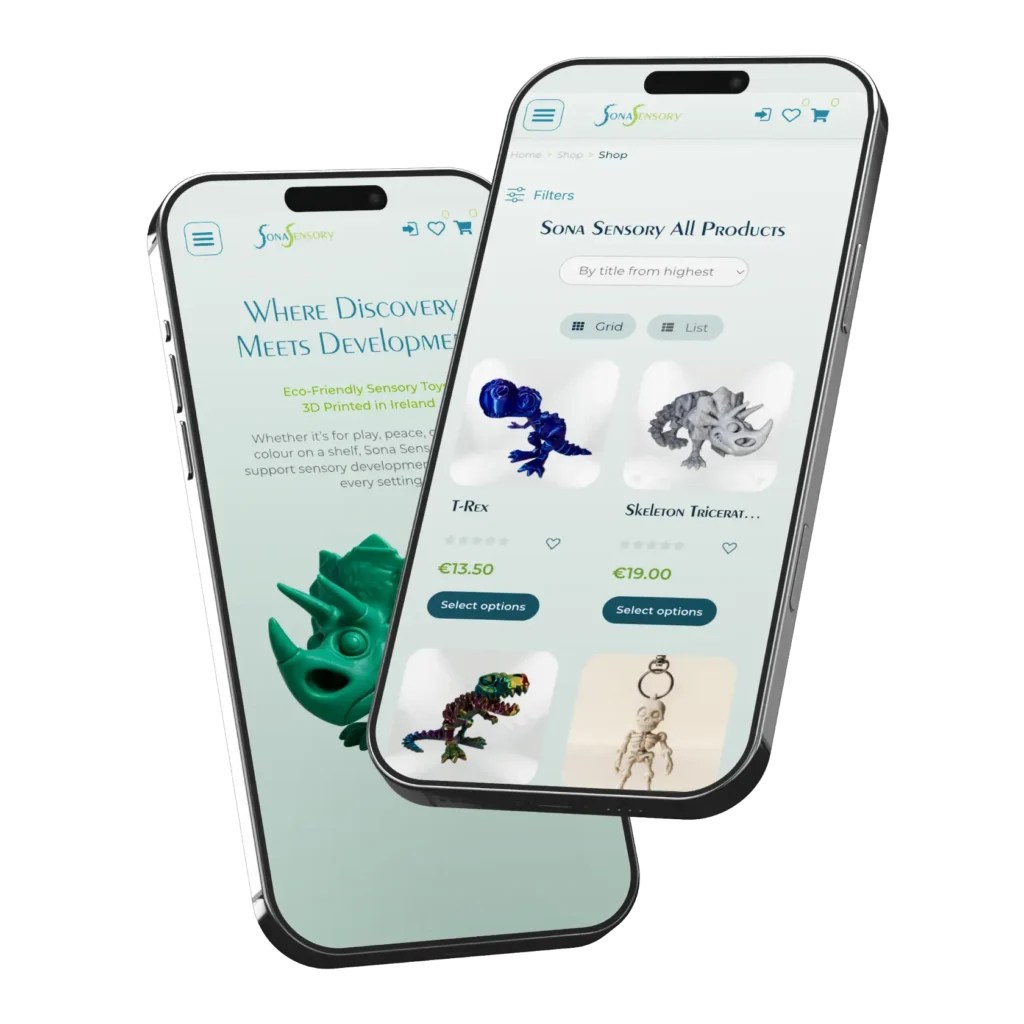 Sona Sensory website on two iPhones showcasing 3D-printed sensory toys. Marketing Project.