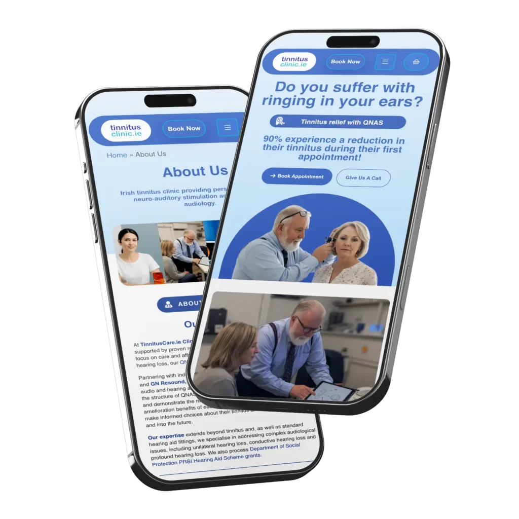 Two smartphones showing the Tinnitus Clinic website. Tinnitus relief with QNAS.