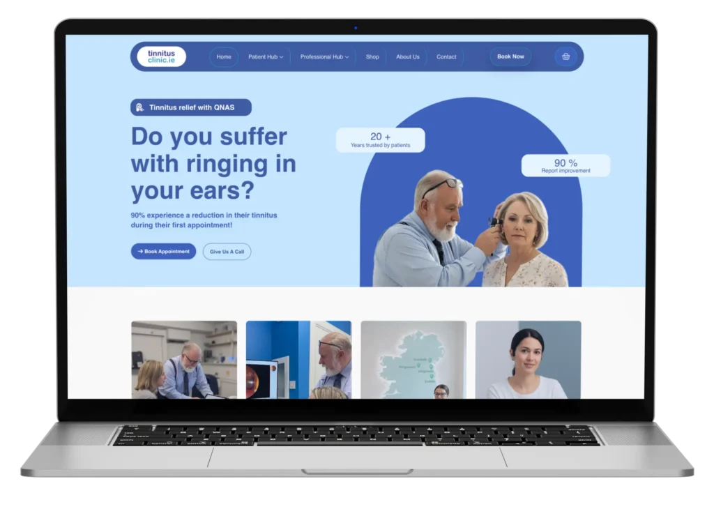 Tinnitus Clinic website showcasing QNAS tinnitus relief. Text: "Do you suffer with ringing in your ears?