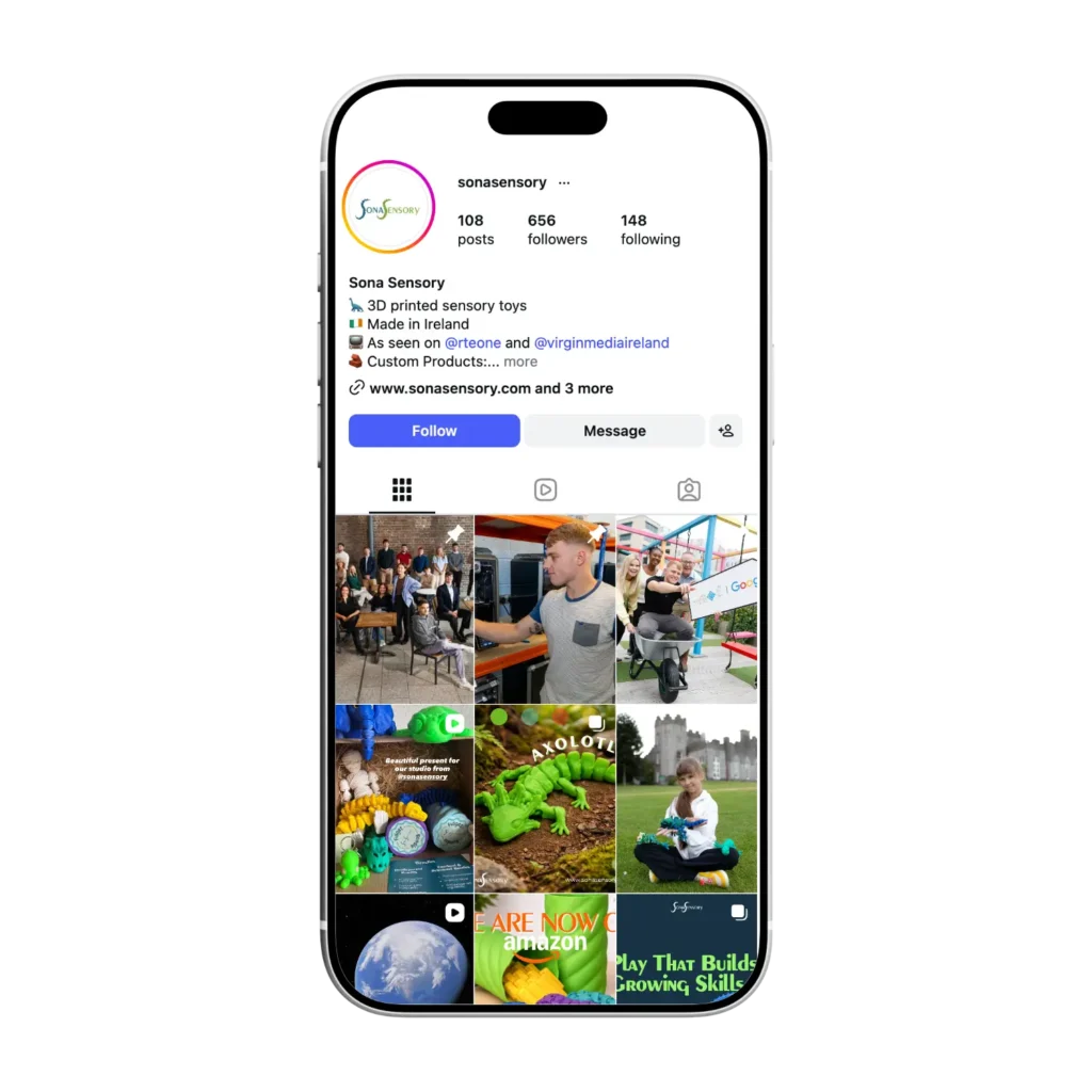 Sona Sensory's Instagram profile showcasing 3D printed sensory toys, a marketing project.