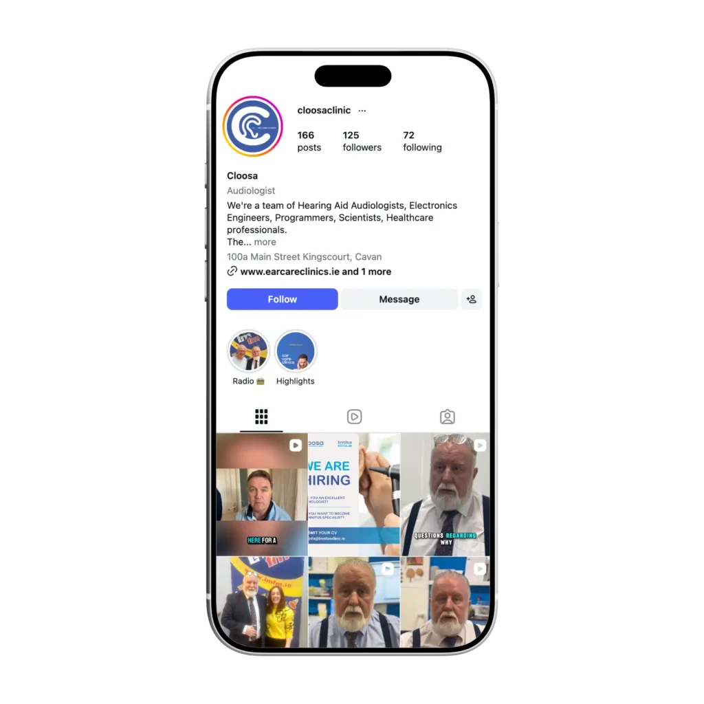 Cloosa Clinic Instagram profile showcasing audiologist services and marketing projects.