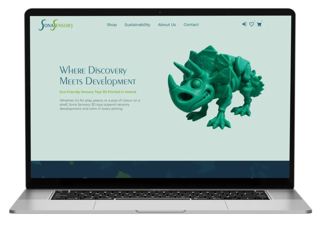 Sona Sensory website featuring a 3D-printed green Triceratops toy. Eco-friendly sensory development.